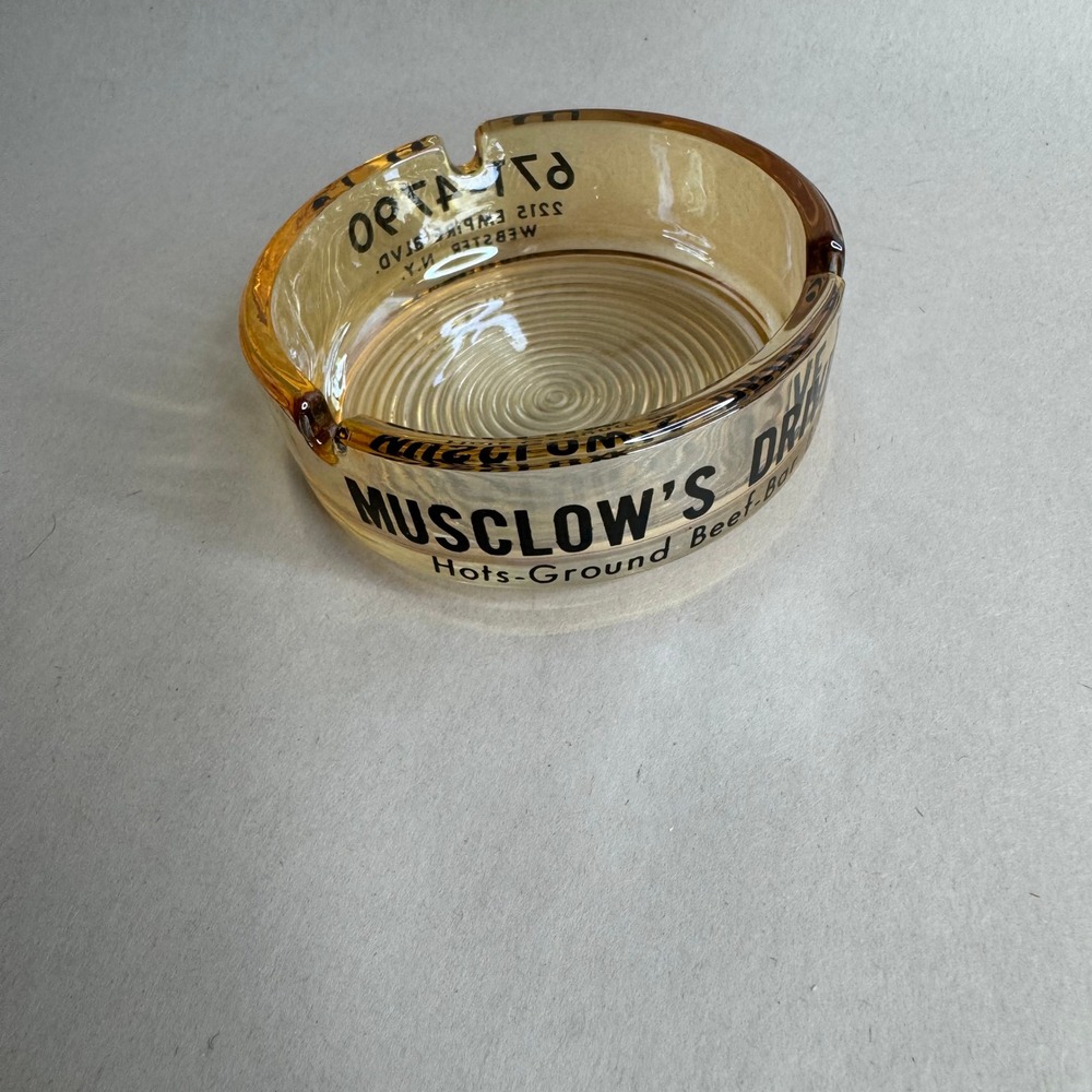 Vintage Musclow's Drive In Amber Glass Ashtray Webster NY Advertising Tobacco